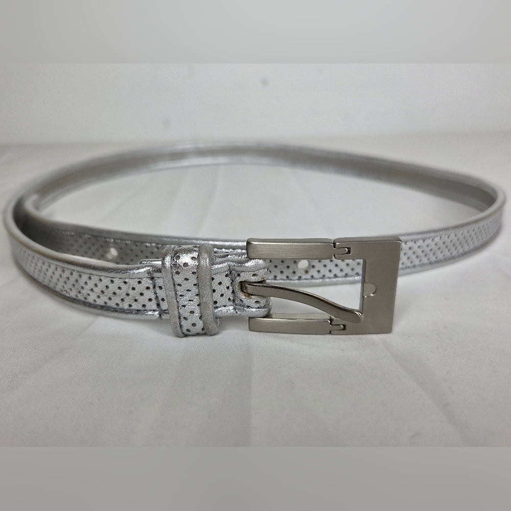NWT Armani Exchange Size M/39" Women Shiny Silver  Leather Belt Wide 1/2"